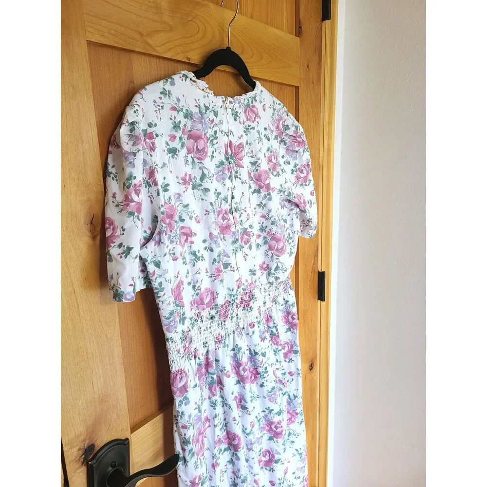 Vintage Stuart‎ Allan Sz 16 Floral Cottagecore Dress Lace Trim Elastic Waistband